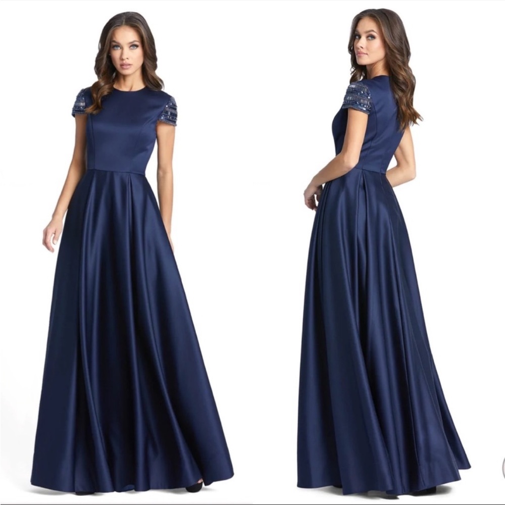 Ieena for Mac Duggal Elegant Hand-Beaded Cap Sleeve A-Line Gown in Navy 25947 16 - Picture 9 of 11